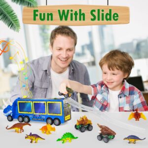 Dinosaur Toys for Kids 3-7, Dinosaur Transport Truck for Boys with Roar & Music Button and Slide, 11 Pack Friction Truck Toy Include 3 Pull Back Dinosaur Cars and 6 Dino Figures, Gift for Children