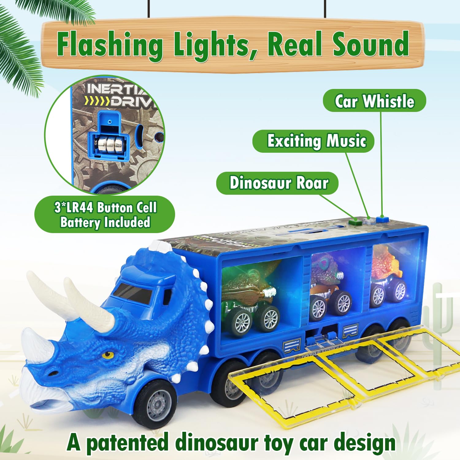 Dinosaur Toys for Kids 3-7, Dinosaur Transport Truck for Boys with Roar & Music Button and Slide, 11 Pack Friction Truck Toy Include 3 Pull Back Dinosaur Cars and 6 Dino Figures, Gift for Children