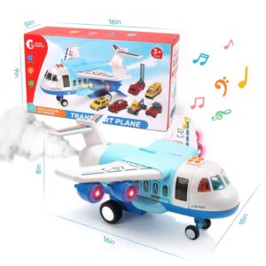 CUTE STONE Toy Airplane Plane Toy with Smoke, Sound and Light, Fricton Powered Airplane with Mini Cars, Great Gift for Boys and Girls