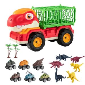 magicdinosaur dinosaur truck play set includes 3 mini dino race cars, 3 dino construction trucks, 6 realistic dinosaur figures, 2 trees and 1 play mat, gift toy for kids 3 4 5 6 7 year