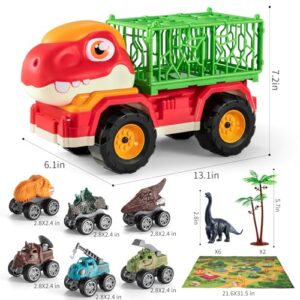 MAGICDINOSAUR Dinosaur Truck Play Set includes 3 Mini Dino Race Cars, 3 Dino Construction Trucks, 6 Realistic Dinosaur Figures, 2 Trees and 1 Play Mat, Gift Toy for Kids 3 4 5 6 7 Year