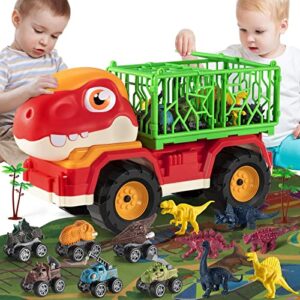 MAGICDINOSAUR Dinosaur Truck Play Set includes 3 Mini Dino Race Cars, 3 Dino Construction Trucks, 6 Realistic Dinosaur Figures, 2 Trees and 1 Play Mat, Gift Toy for Kids 3 4 5 6 7 Year