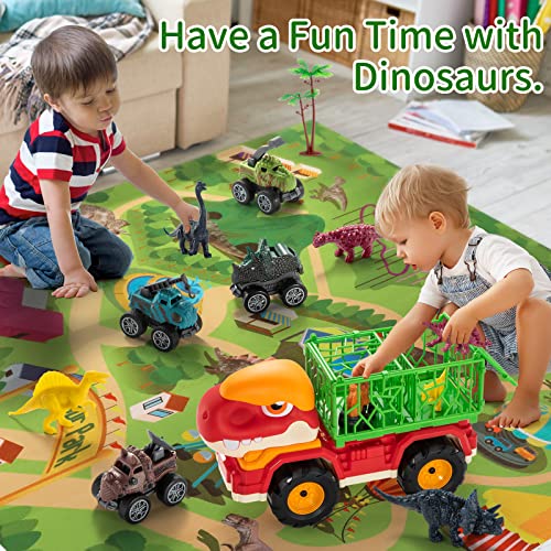 MAGICDINOSAUR Dinosaur Truck Play Set includes 3 Mini Dino Race Cars, 3 Dino Construction Trucks, 6 Realistic Dinosaur Figures, 2 Trees and 1 Play Mat, Gift Toy for Kids 3 4 5 6 7 Year