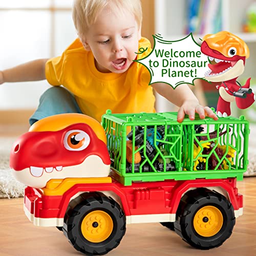 MAGICDINOSAUR Dinosaur Truck Play Set includes 3 Mini Dino Race Cars, 3 Dino Construction Trucks, 6 Realistic Dinosaur Figures, 2 Trees and 1 Play Mat, Gift Toy for Kids 3 4 5 6 7 Year