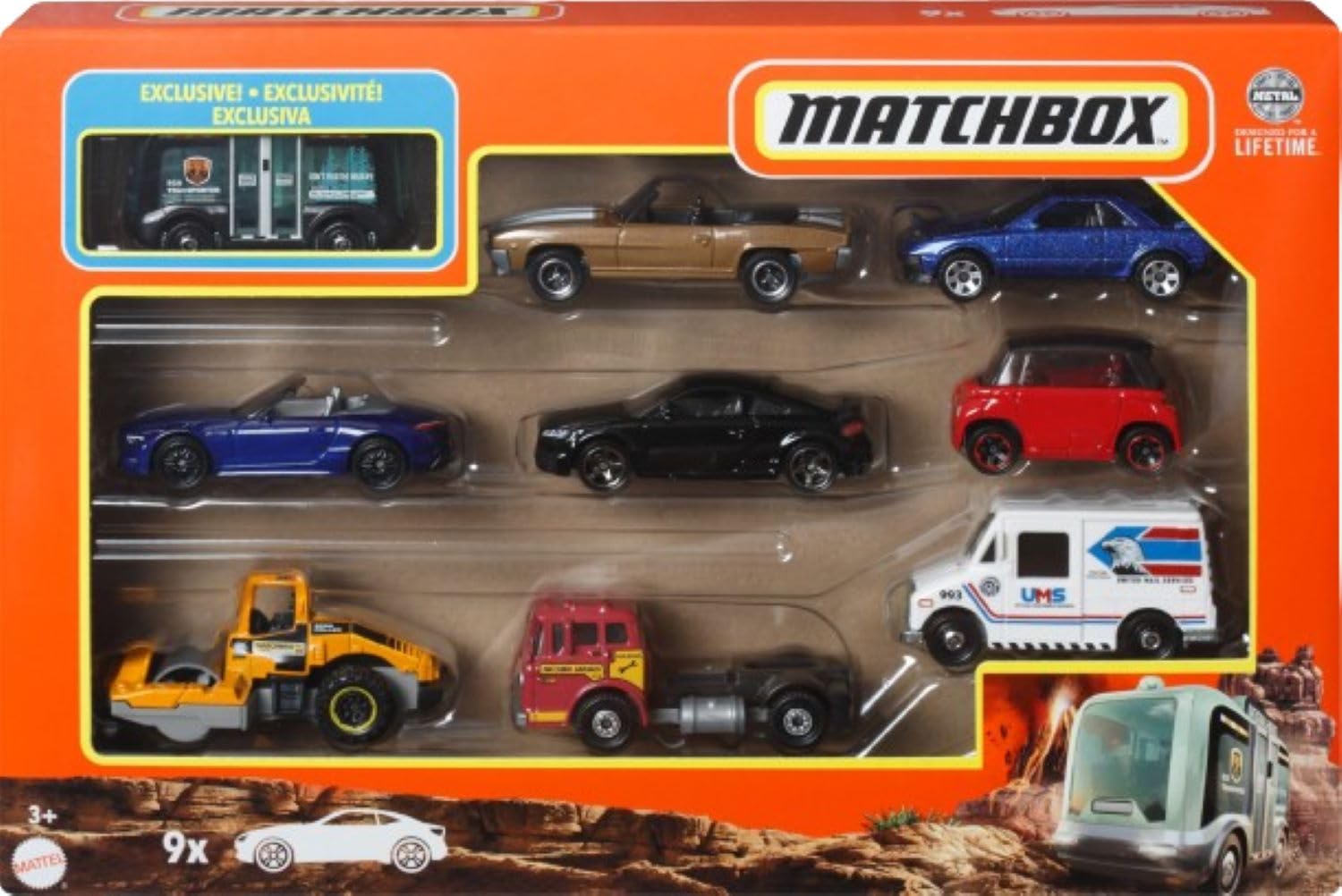 Matchbox Cars, 9-Pack Die-Cast 1:64 Scale Toy Cars, Construction or Garbage Trucks, Rescue Vehicles or Planes (Styles May Vary).