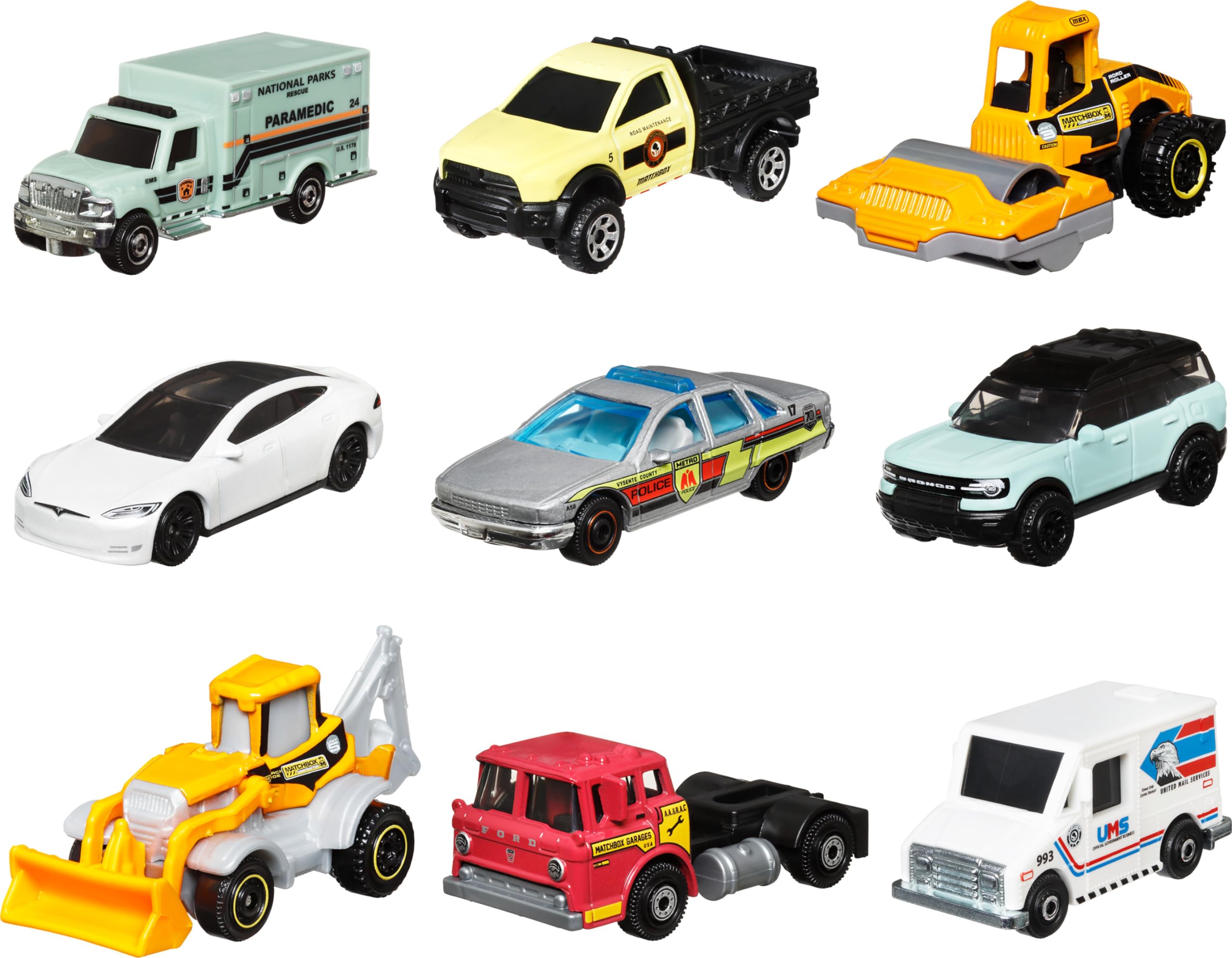 Matchbox Cars, 9-Pack Die-Cast 1:64 Scale Toy Cars, Construction or Garbage Trucks, Rescue Vehicles or Planes (Styles May Vary).