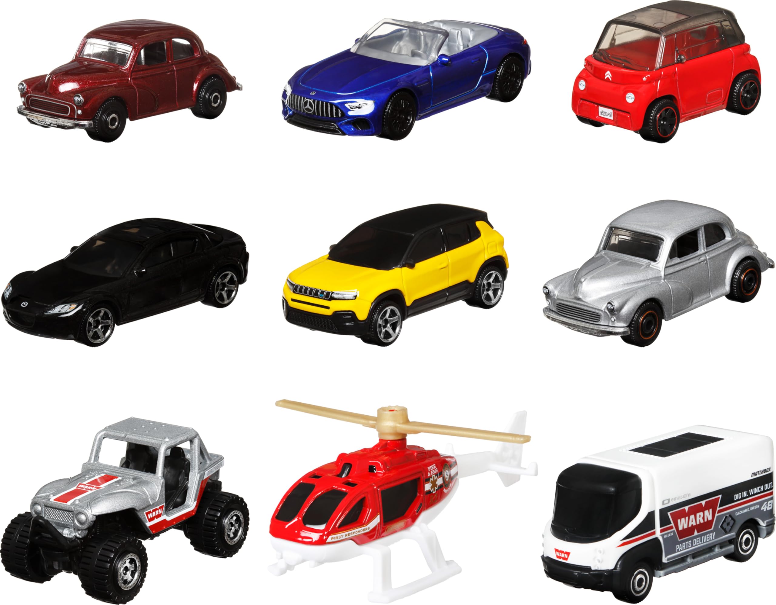 Matchbox Cars, 9-Pack Die-Cast 1:64 Scale Toy Cars, Construction or Garbage Trucks, Rescue Vehicles or Planes (Styles May Vary).