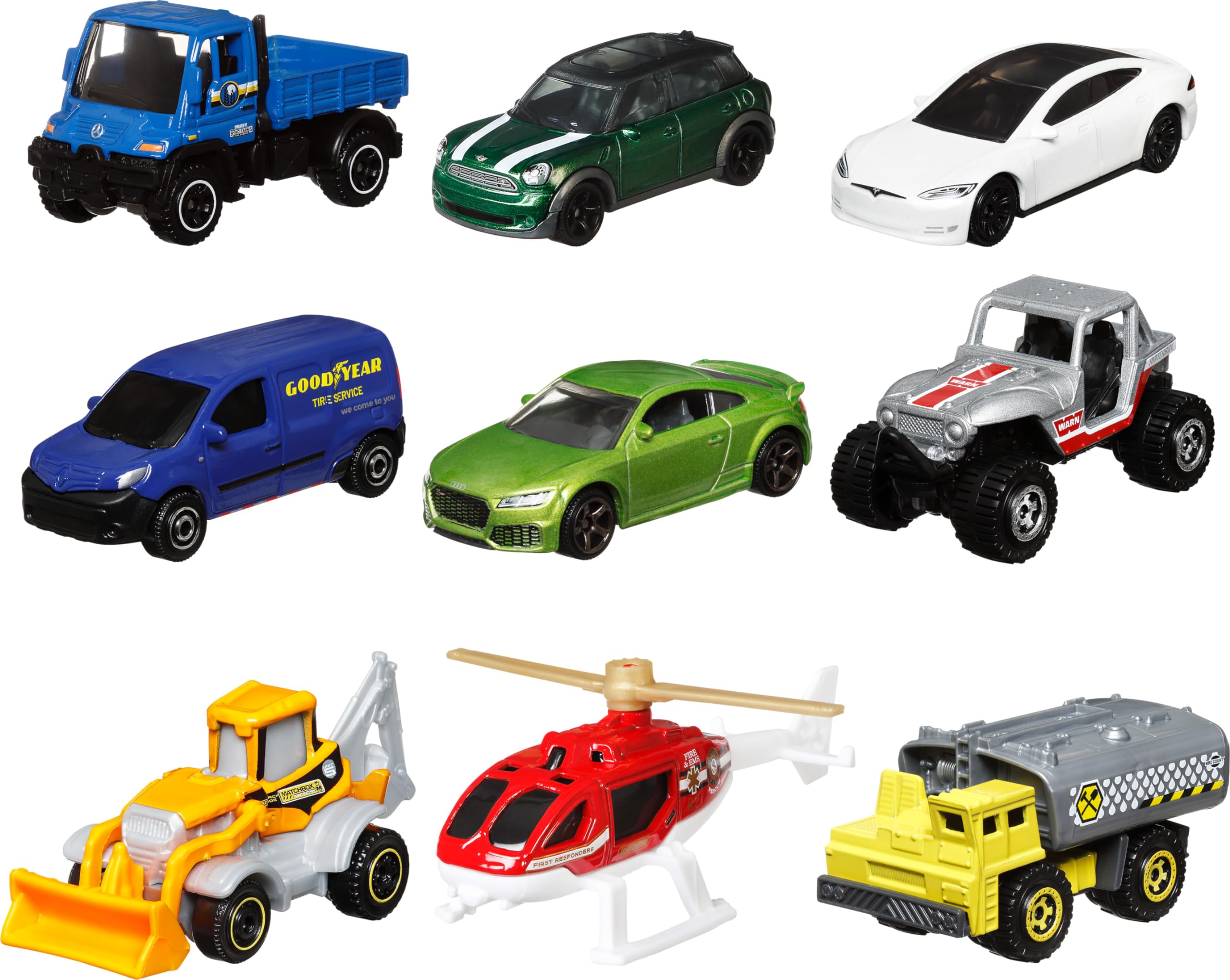 Matchbox Cars, 9-Pack Die-Cast 1:64 Scale Toy Cars, Construction or Garbage Trucks, Rescue Vehicles or Planes (Styles May Vary).