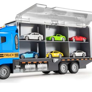 TEMI Transport Cars Carrier Set Toys w/Play Mat, Die-cast Vehicles Truck Alloy Metal Race Model Car Toys for Toddler Age 3-9 Kids Boys & Girls