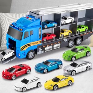 temi transport cars carrier set toys w/play mat, die-cast vehicles truck alloy metal race model car toys for toddler age 3-9 kids boys & girls
