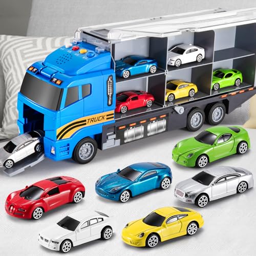 TEMI Transport Cars Carrier Set Toys w/Play Mat, Die-cast Vehicles Truck Alloy Metal Race Model Car Toys for Toddler Age 3-9 Kids Boys & Girls