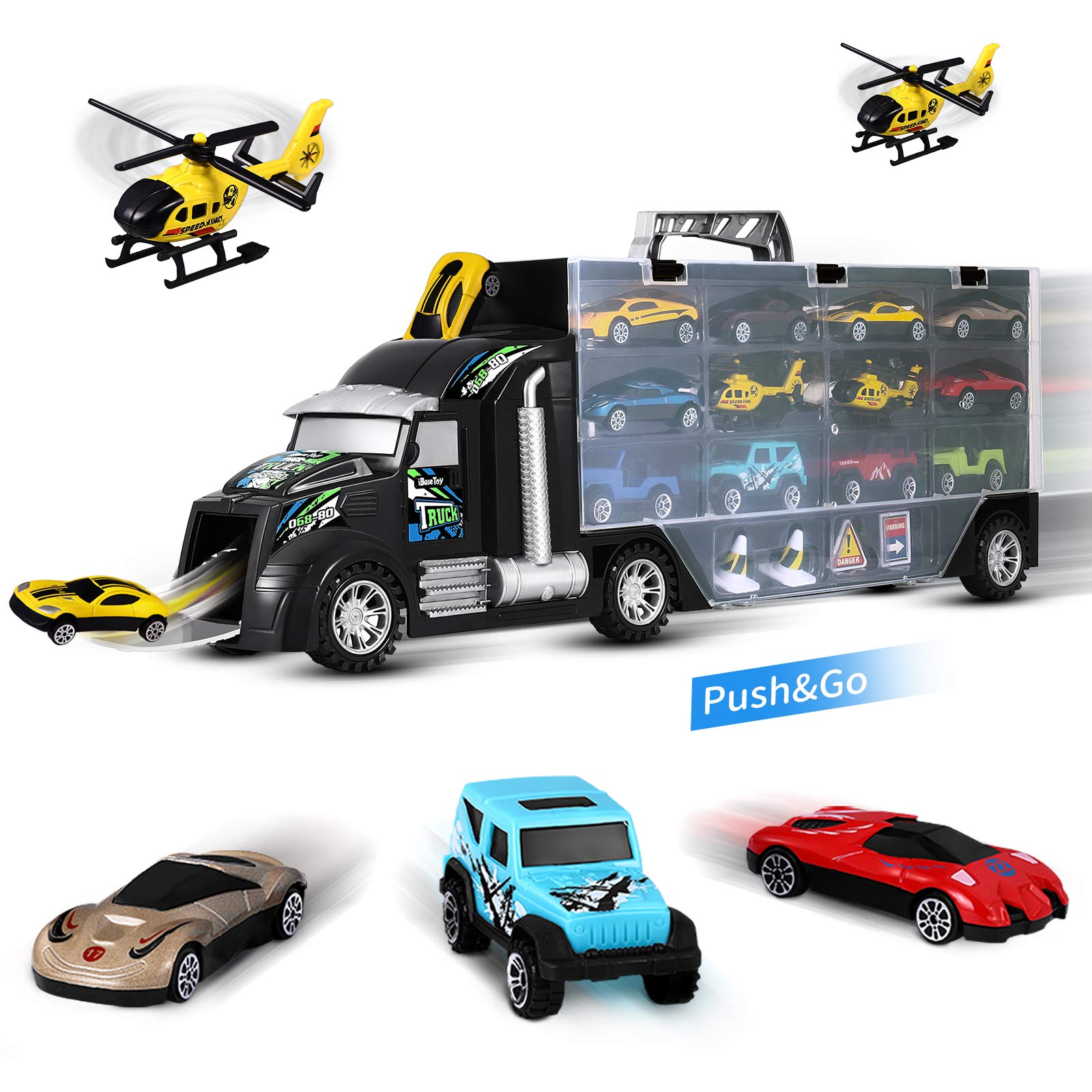 iBaseToy Toddler Toys Car for Boys: 18 Pieces Carrier Truck Transport Vehicles Toys with Carrying Case Helicopters Race Model Car Play Mat - Kids Toys Car Trucks Toy Set for Kids Boys Girls