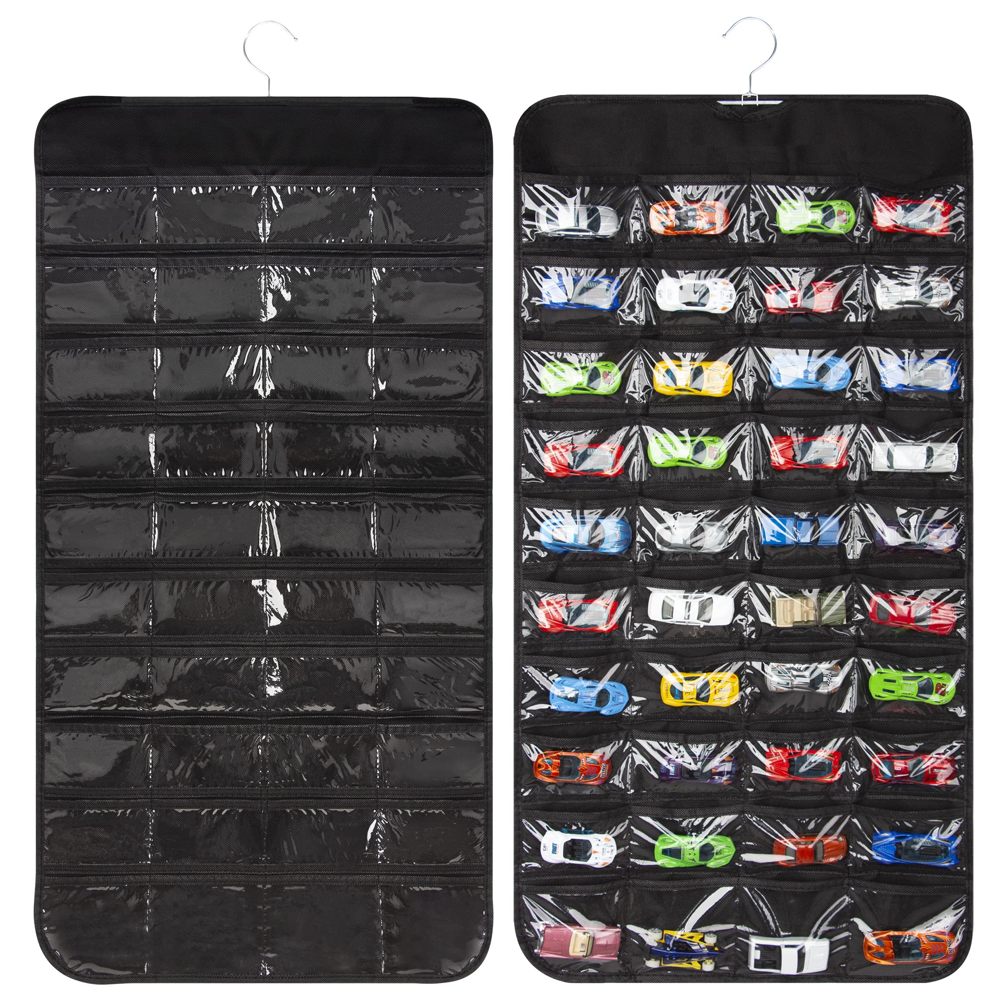 JOYMOMO Hanging Organizers for Toy Cars Double Sided 80 Pockets Display Case for Toy Cars (Without Toy Cars) (80 Slots Black)