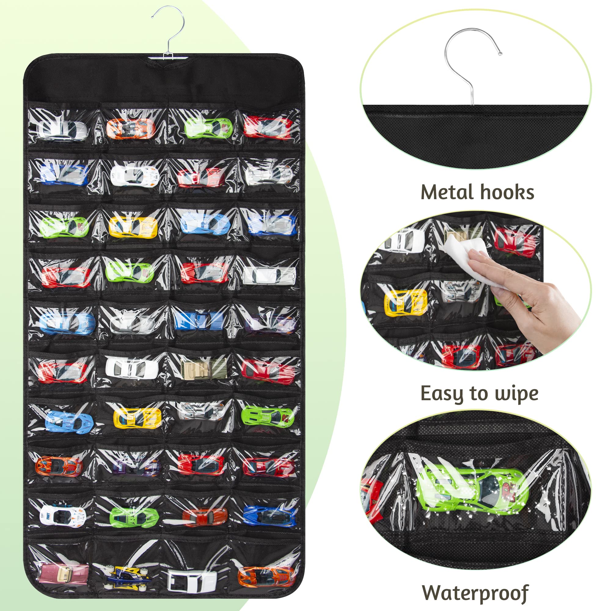 JOYMOMO Hanging Organizers for Toy Cars Double Sided 80 Pockets Display Case for Toy Cars (Without Toy Cars) (80 Slots Black)