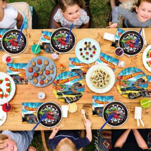 Tevxj 96 Pcs Racing Car Tableware Set Hot Car Birthday Dinnerware Disposable Plates Racing Car Plates Napkins Forks for Kids Boys Happy Birthday Party Decorations Supplies 24 guests