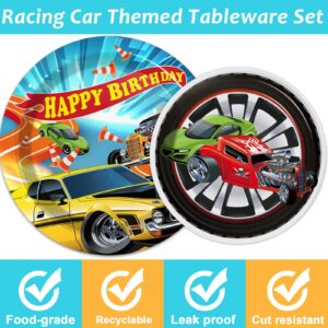 Tevxj 96 Pcs Racing Car Tableware Set Hot Car Birthday Dinnerware Disposable Plates Racing Car Plates Napkins Forks for Kids Boys Happy Birthday Party Decorations Supplies 24 guests