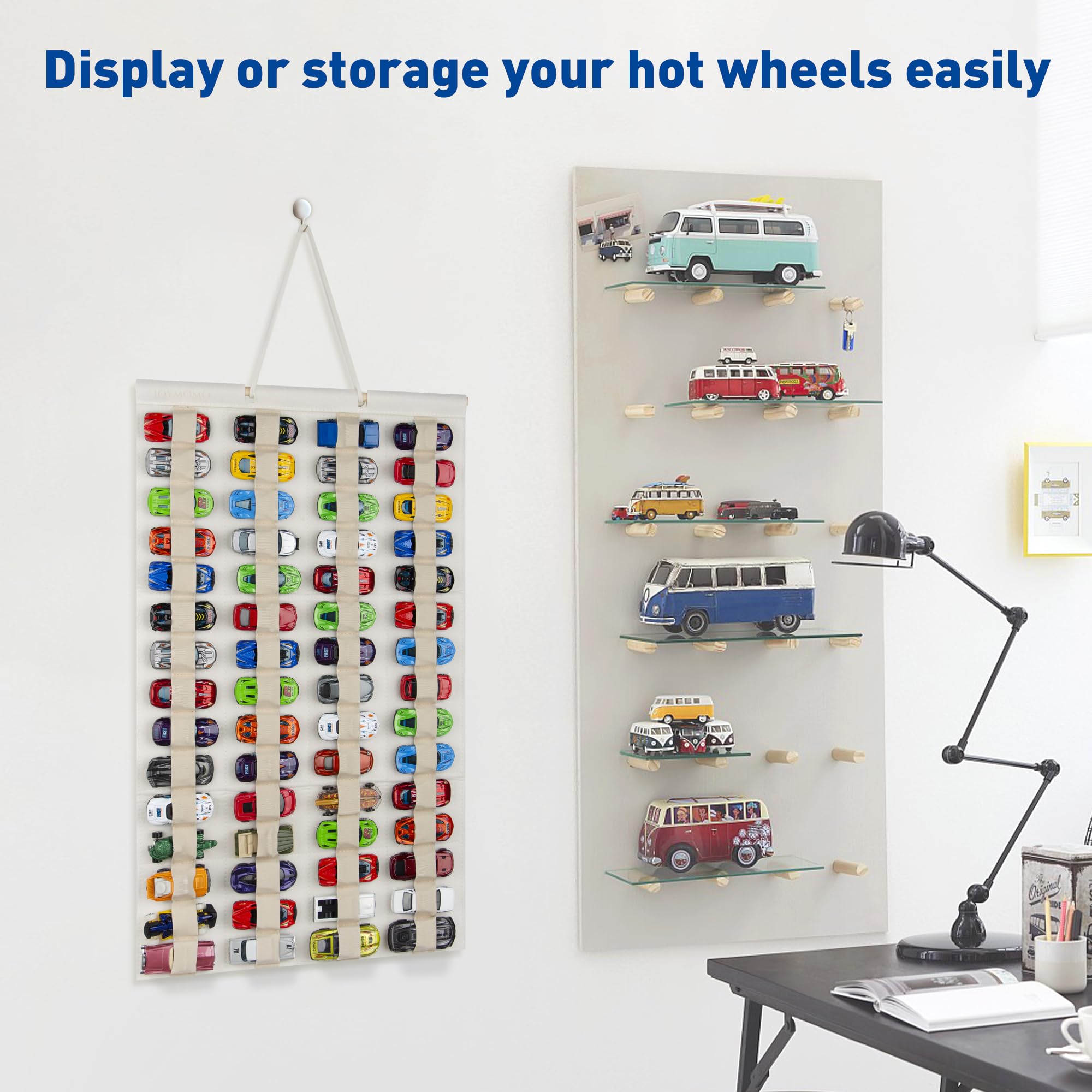 JOYMOMO Hanging Storage Organizer for Toy Cars Felt Display Case Hold Up 60 Toy Cars (Cream)