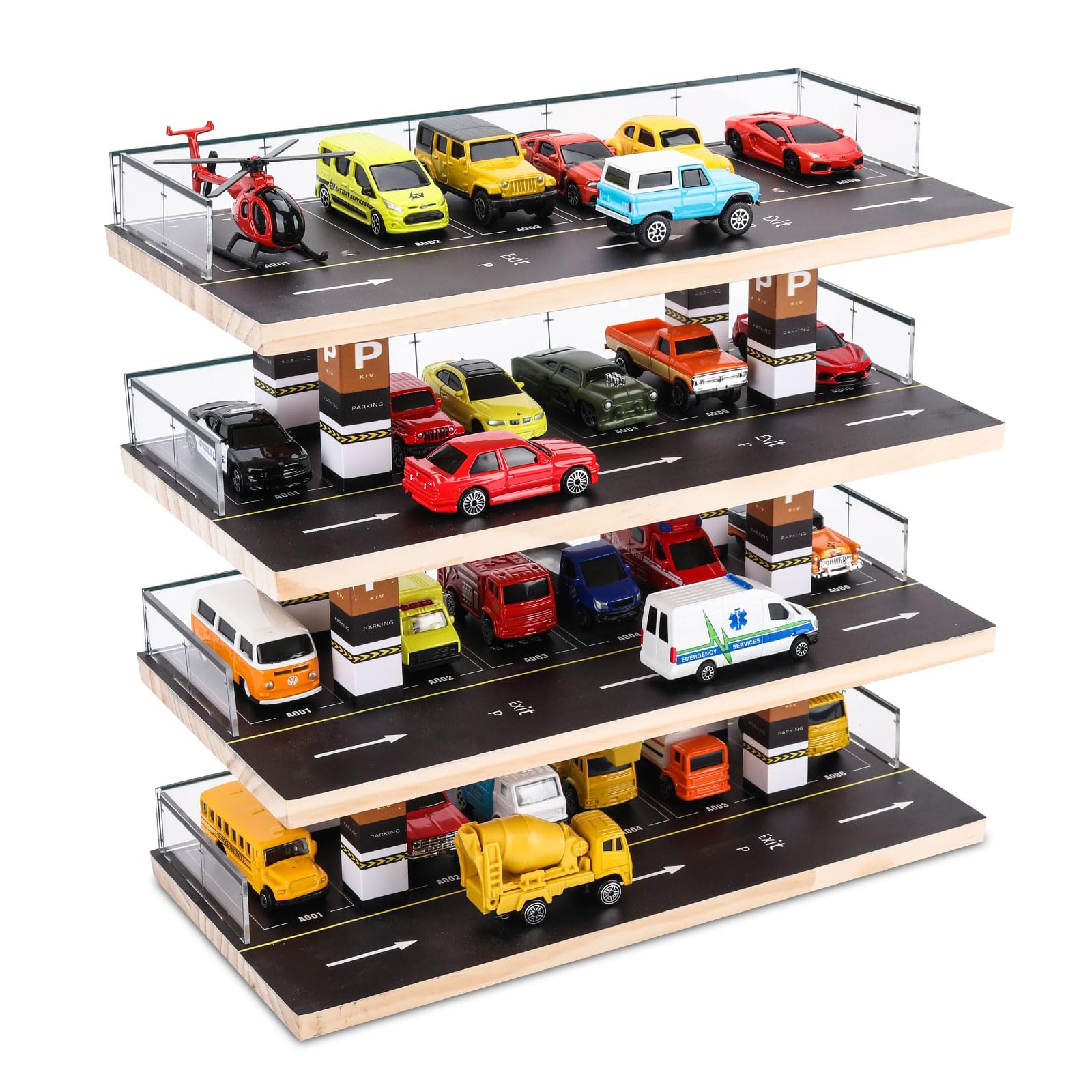 Saichotoy Hot Wheels & MatchBox Display Case, 1/64 Scale Diecast Toy Car Storage, Parking Garage Diorama - Freestanding Storage with 4 levels 24 spots maximum 40 cars