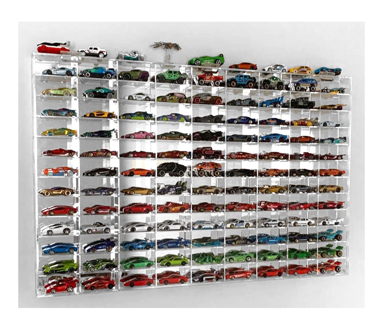 Display Case Wall Cabinet for 1:64 Scale Matchbox Hot Toy Cars Wheels 108 Slots UV Protect Mirrored Background