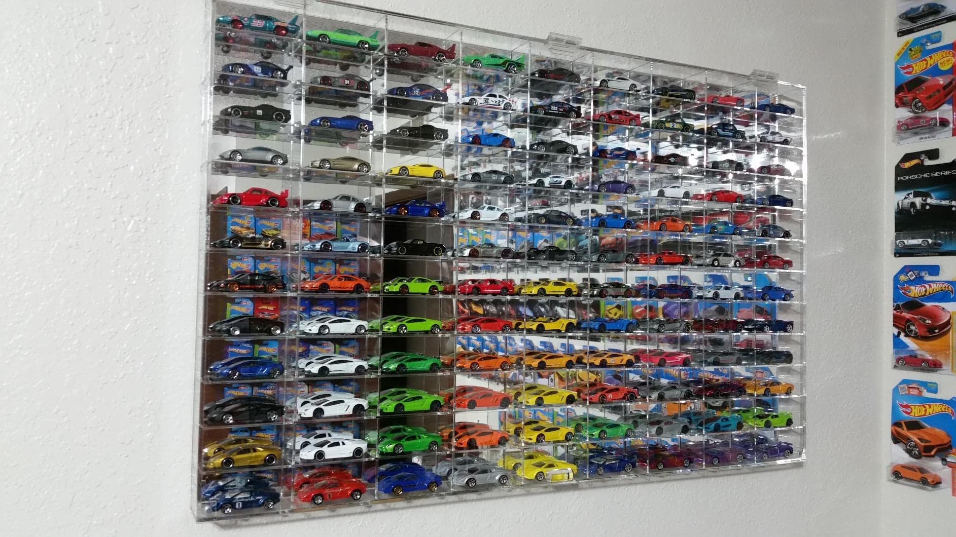 Display Case Wall Cabinet for 1:64 Scale Matchbox Hot Toy Cars Wheels 108 Slots UV Protect Mirrored Background