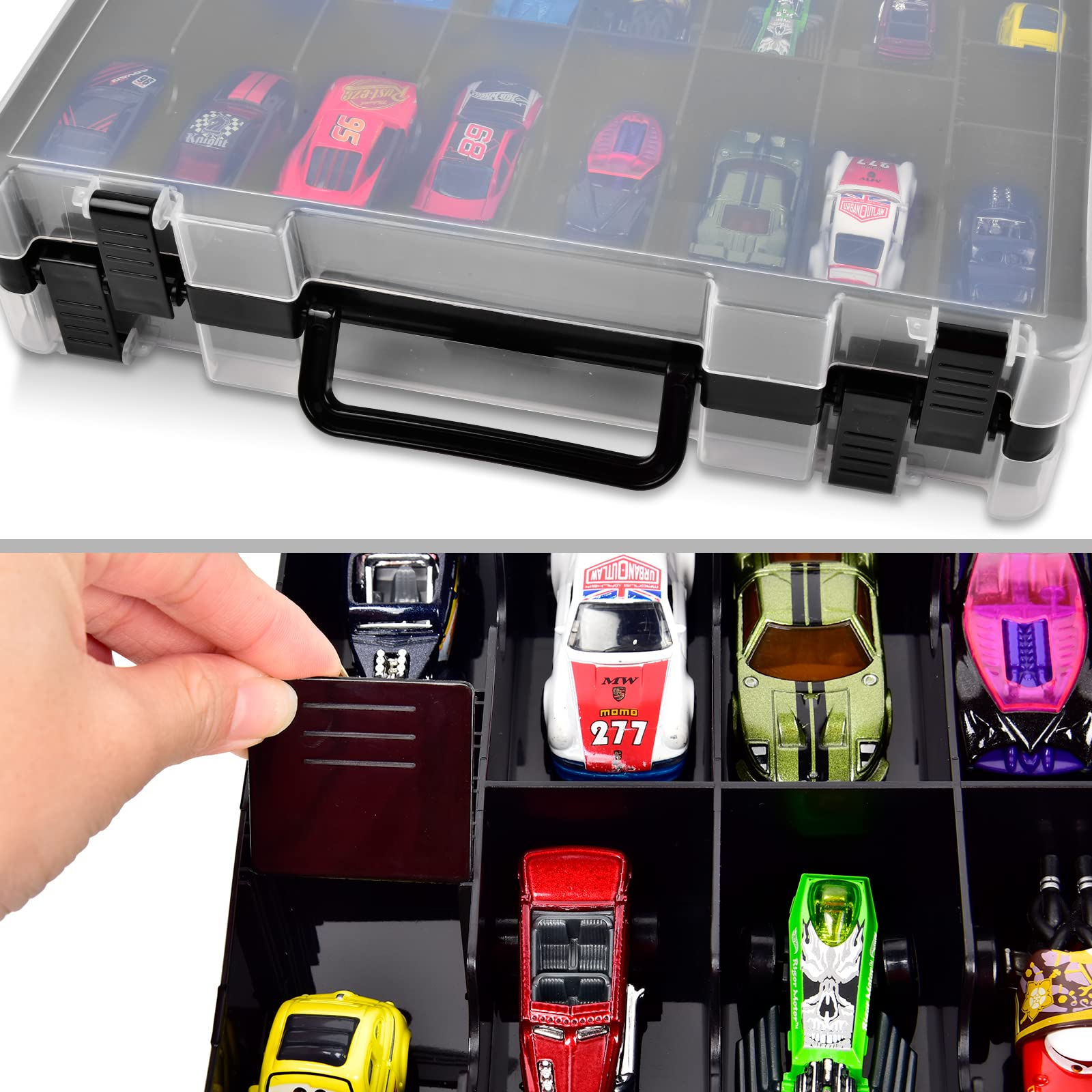 Double Sided Toy Storage Organizer Case for Hot Wheels Car, for Matchbox Cars, for Mini Toys, for Small Dolls. Carrying Box Container Carrier with 48 Compartments - Black (Box Only)