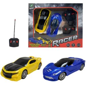 skidz rc cars for kids, remote control toy car; high speed racer boys ages 6-7 years 8-12 4wd off-road 1:24 scale 2 two pack r/c set 27mhz and 49mhz 4channel, full function (blue and yellow)