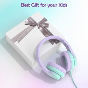 Candy Bila Kids Headphones, Wired Headphones for Kids Over Ear with Microphone, 85/94dB Volume Limiter Headphones for Girls Boys with Sharing Jack, Foldable Headphones for Online Study,Gradient Purple