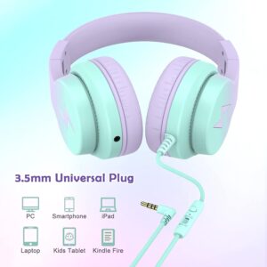 Candy Bila Kids Headphones, Wired Headphones for Kids Over Ear with Microphone, 85/94dB Volume Limiter Headphones for Girls Boys with Sharing Jack, Foldable Headphones for Online Study,Gradient Purple