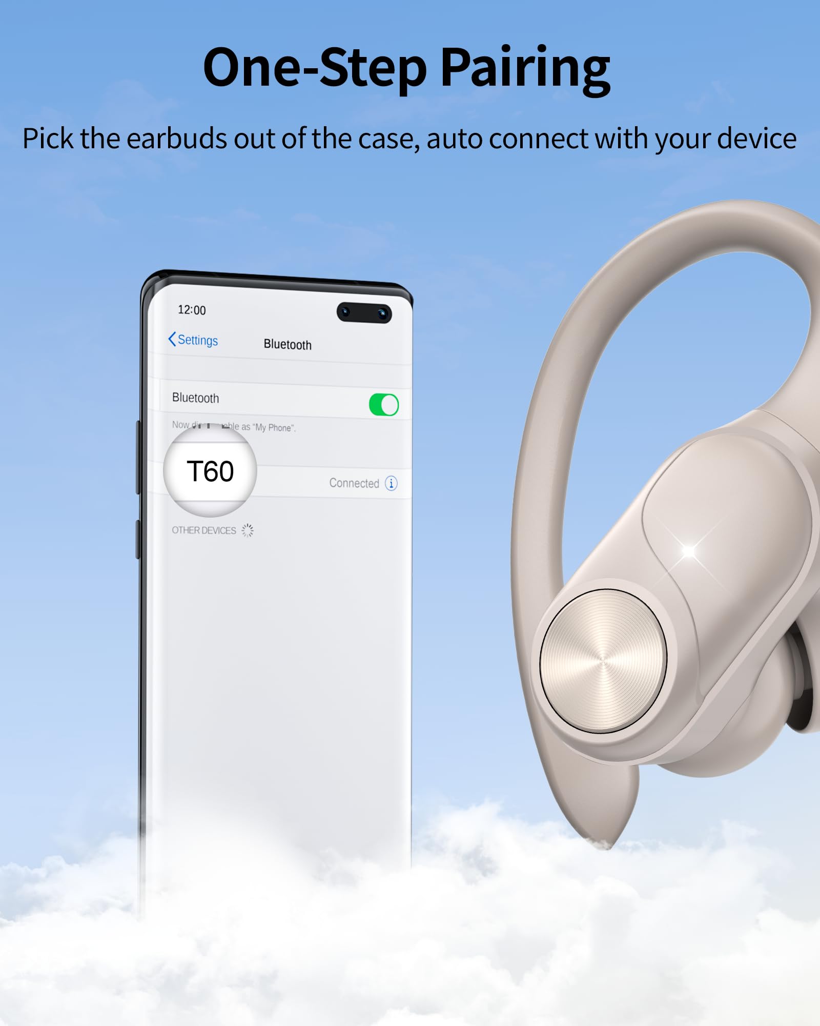 PocBuds Bluetooth Headphones Wireless Earbuds 80hrs Playtime Wireless Charging Case Digital Display Sport Ear buds with Earhook Deep Bass IPX7 Waterproof Over-Ear Earphones for Phone Laptop Pearl Gray