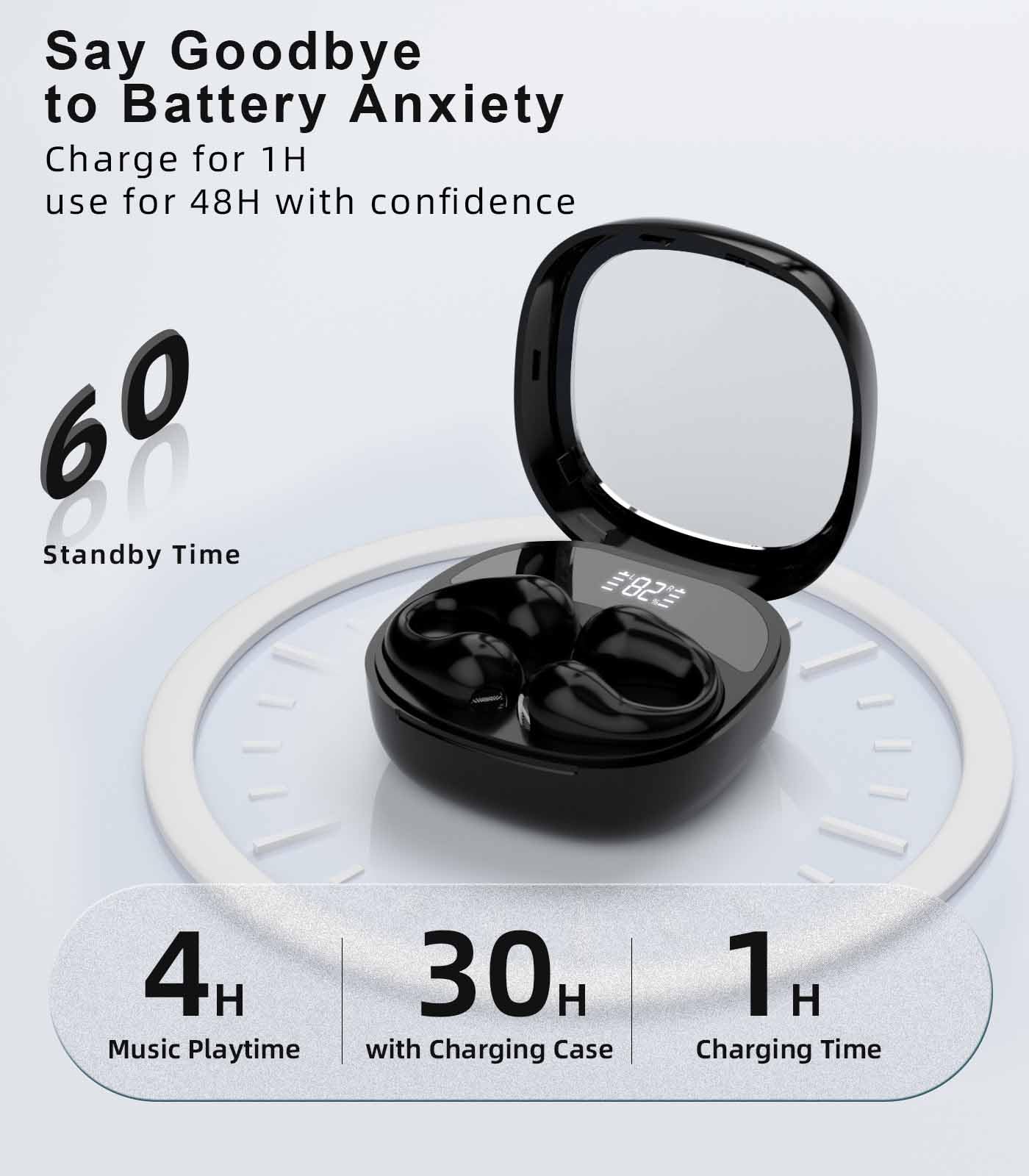 Clip-On Open Ear Headphones, Wireless Earbuds Bluetooth 5.3, Clip Earbuds with Digital Display Charging Case 80 Hours Playtime, IPX5 Waterproof Sports Earbuds for Cycling Running Work, Black