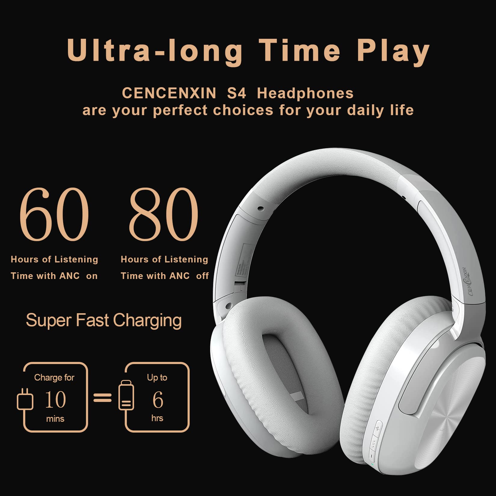 CENCENXIN-S4 Over-Ear Active Noise Cancelling Headphones Foldable Headphones Bluetooth Headphones-with Mic 80H Playtime Comfortable Earcups(Grey)