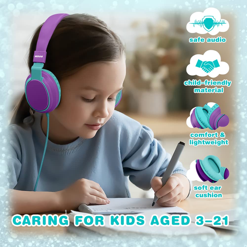 MIDOLA Headphone Kids Volume Limited 85/110dB Wired Over-Ear/On-Earr Foldable Headset with Inline Cable AUX 3.5mm Cord Mic for Boy Girl Child PC Notebook Tablet Purple