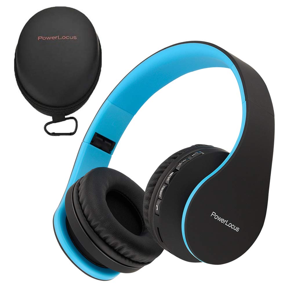 PowerLocus Wireless Bluetooth Over-Ear Stereo Foldable Headphones, Wired Headsets with Built-in Microphone for iPhone, Samsung, LG, iPad (Black/Blue)