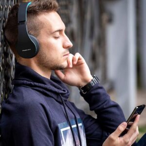 PowerLocus Wireless Bluetooth Over-Ear Stereo Foldable Headphones, Wired Headsets with Built-in Microphone for iPhone, Samsung, LG, iPad (Black/Blue)