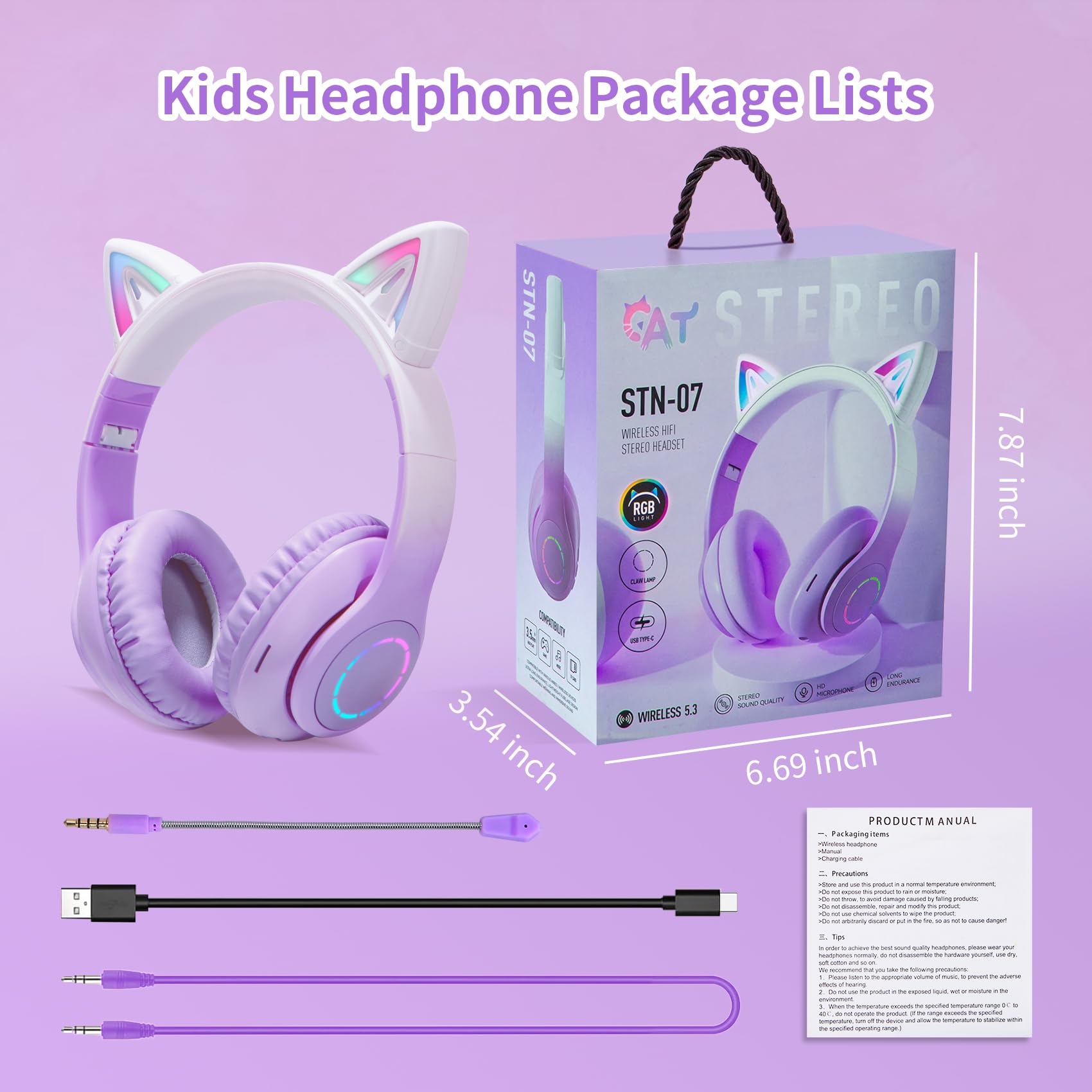 TOKANI Cat Ear Headphones, Kids Bluetooth Headphone with Microphone,Foldable Comfortable and Adjustable Wireless/Wire Over Ear Headset for Girls Teenagers and Adults