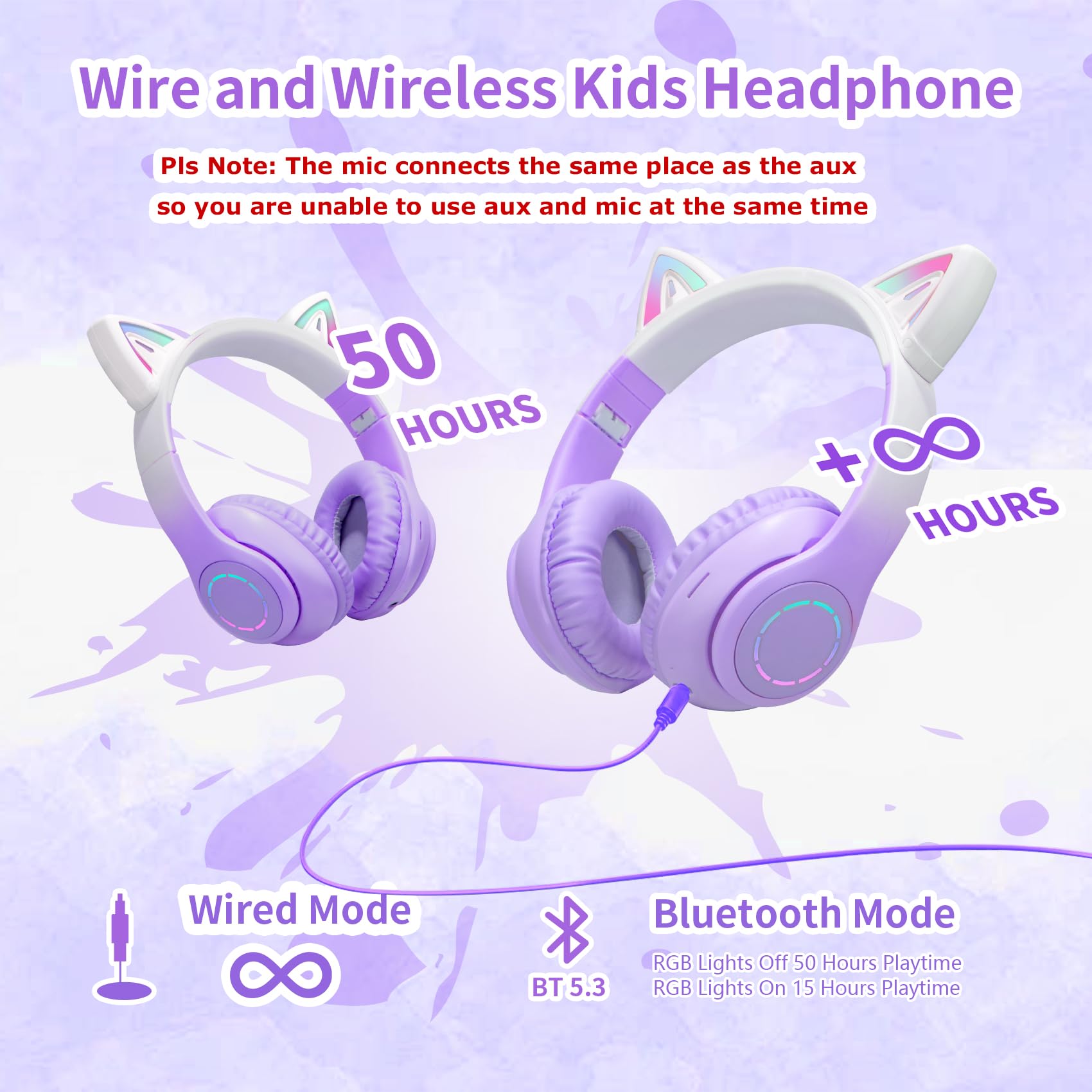 TOKANI Cat Ear Headphones, Kids Bluetooth Headphone with Microphone,Foldable Comfortable and Adjustable Wireless/Wire Over Ear Headset for Girls Teenagers and Adults