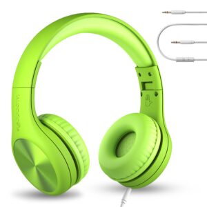 lilgadgets connect+ pro kids headphones with mic and cord, shareport technology, over-ear foldable headset, volume limit 93db, wired inline 3.5mm jack for school- green