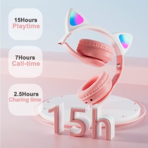 TOKANI Kids Headphones, Bluetooth Wireless Headphones for Kids Teens Adults, Over-Ear Bluetooth Headphones with Microphone, Cat Ear Headphones for Girls Women (New Pink)