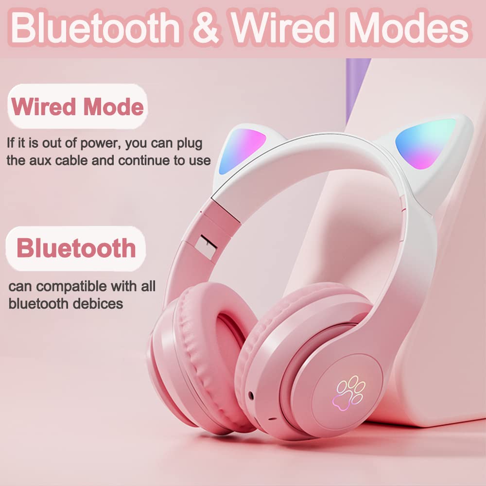 TOKANI Kids Headphones, Bluetooth Wireless Headphones for Kids Teens Adults, Over-Ear Bluetooth Headphones with Microphone, Cat Ear Headphones for Girls Women (New Pink)