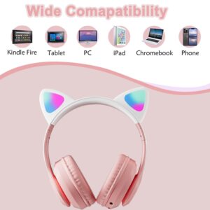 TOKANI Kids Headphones, Bluetooth Wireless Headphones for Kids Teens Adults, Over-Ear Bluetooth Headphones with Microphone, Cat Ear Headphones for Girls Women (New Pink)