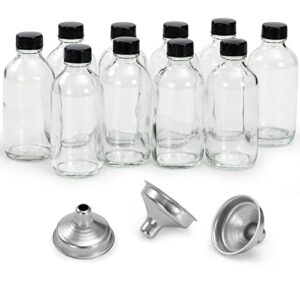 10 pack, 4 oz small clear glass bottles with lids & 3 stainless steel funnels - 120ml boston round sample bottles for potion, juice, ginger shots, oils, whiskey, liquids - no leakage