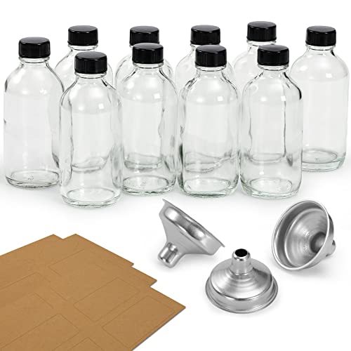 10 Pack, 4 oz Small Clear Glass Bottles with Lids & 3 Stainless Steel Funnels - 120ml Boston Round Sample Bottles for Potion, Juice, Ginger Shots, Oils, Whiskey, Liquids - NO Leakage