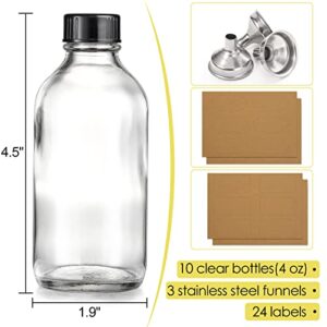 10 Pack, 4 oz Small Clear Glass Bottles with Lids & 3 Stainless Steel Funnels - 120ml Boston Round Sample Bottles for Potion, Juice, Ginger Shots, Oils, Whiskey, Liquids - NO Leakage