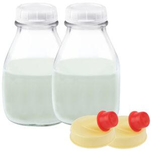 kitchentoolz 16 oz glass milk bottle with lid - 16 ounce short and wide glass milk container for refrigerator with tamper proof lid and pour spout - pack of 2