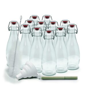 Nevlers 12pcs 8.5 Oz. Glass Bottle Set with Swing Top Stoppers, Bottle Brush, Funnel & Gold Marker - Clear Beverage Bottles for Water, Wine, Juices, Infused Oils