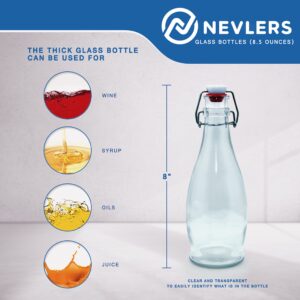 Nevlers 12pcs 8.5 Oz. Glass Bottle Set with Swing Top Stoppers, Bottle Brush, Funnel & Gold Marker - Clear Beverage Bottles for Water, Wine, Juices, Infused Oils