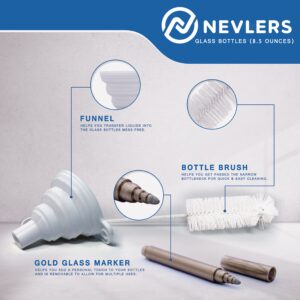 Nevlers 12pcs 8.5 Oz. Glass Bottle Set with Swing Top Stoppers, Bottle Brush, Funnel & Gold Marker - Clear Beverage Bottles for Water, Wine, Juices, Infused Oils