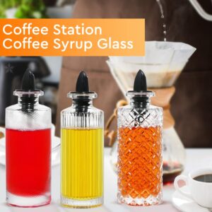 Coffee Syrup Dispenser Simple Small Glass Bottle 6 Pcs for Coffee Bar Accessories with Dust Lids Pour Spout, Glass Stopper, Cleaning Brush. Vanilla, Caramel, Syrup, Honey, Condiments Dispenser