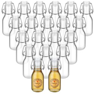 Queekay 20 PCS Mini Flip Top Glass Bottle with Stoppers Decorative Swing Top Bottles Small Glass Bottles with Lids Kraft Adhesive Round Stickers for Wedding Themed Party Favors(4.05 oz, 20 Pcs)