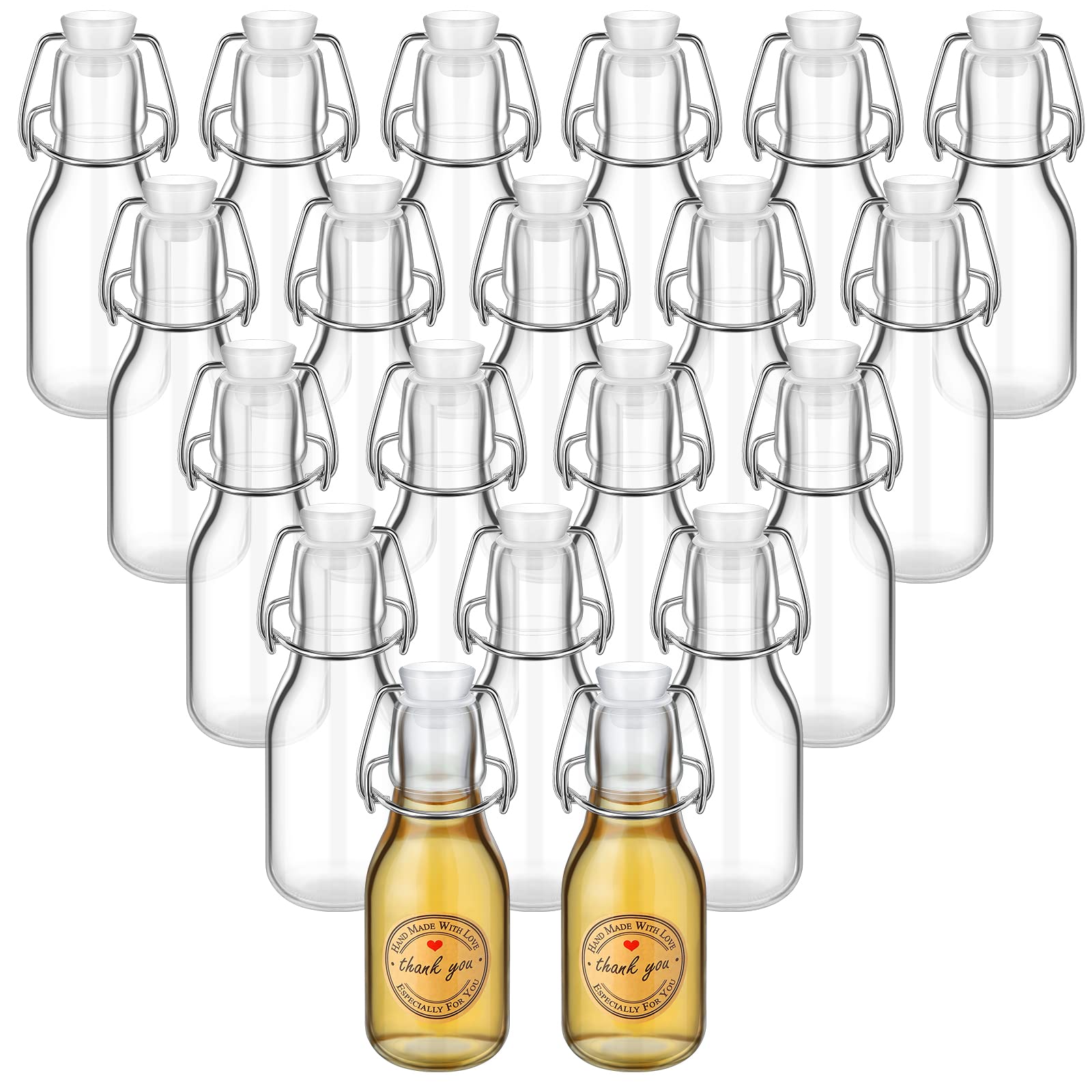 Queekay 20 PCS Mini Flip Top Glass Bottle with Stoppers Decorative Swing Top Bottles Small Glass Bottles with Lids Kraft Adhesive Round Stickers for Wedding Themed Party Favors(4.05 oz, 20 Pcs)